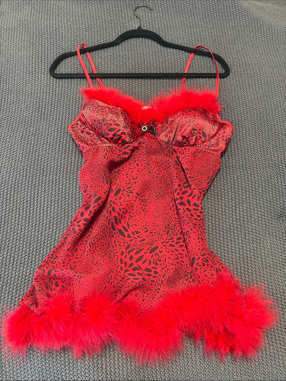 Red Leopard Satin Chemise with Feather Trim